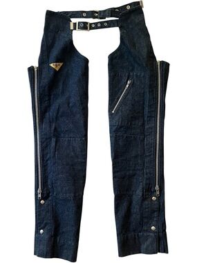 Zone Tailed Dark Denim Zip Motorcycle Chaps Silver Tone Belt